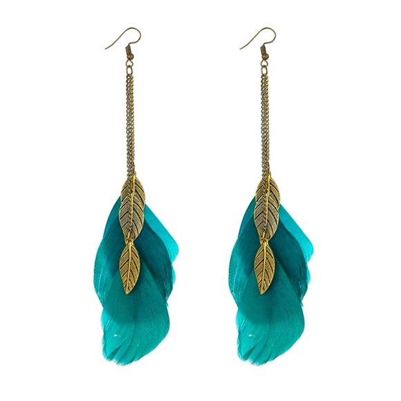 Boheme Jewelry - Feather Turquoise Leaf Gold Bohemian Earrings Boho Style Jewelry